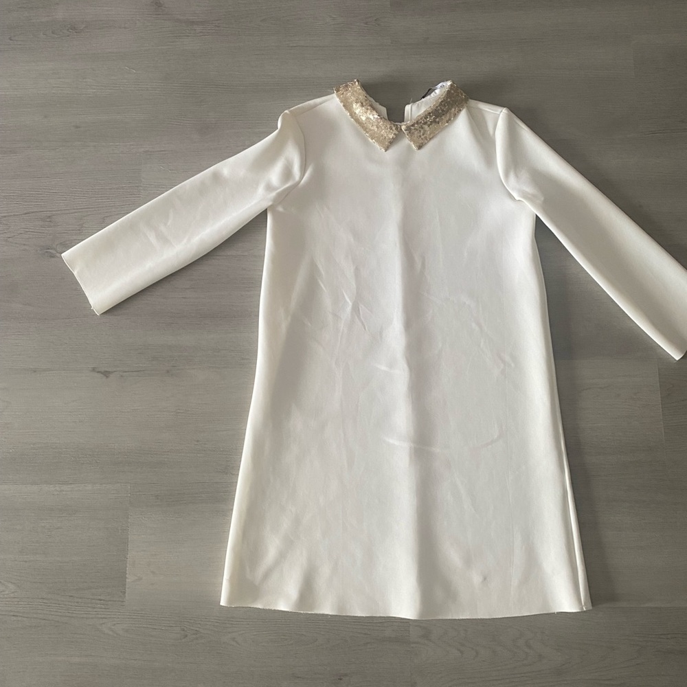 Zara Cream Long-Sleeve Dress with Gold Sequin Collar